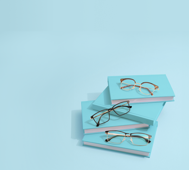 Three pairs of reading glasses resting on a stack of books on a light blue background.