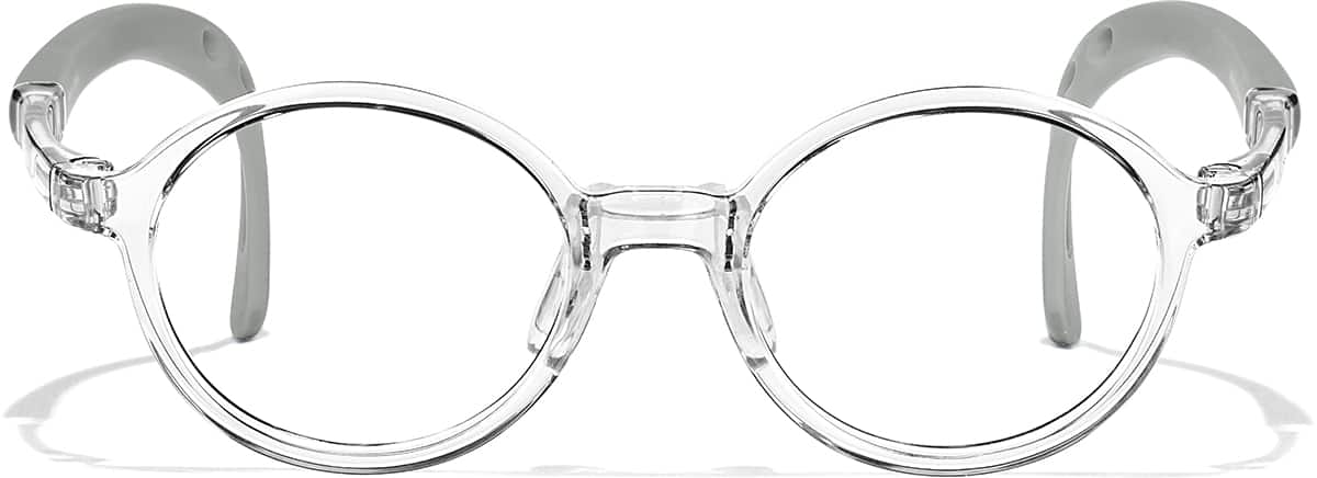 Front view of Lightweight Kids Round Glasses 2050123 in Clear + Light Gray Temple Tips