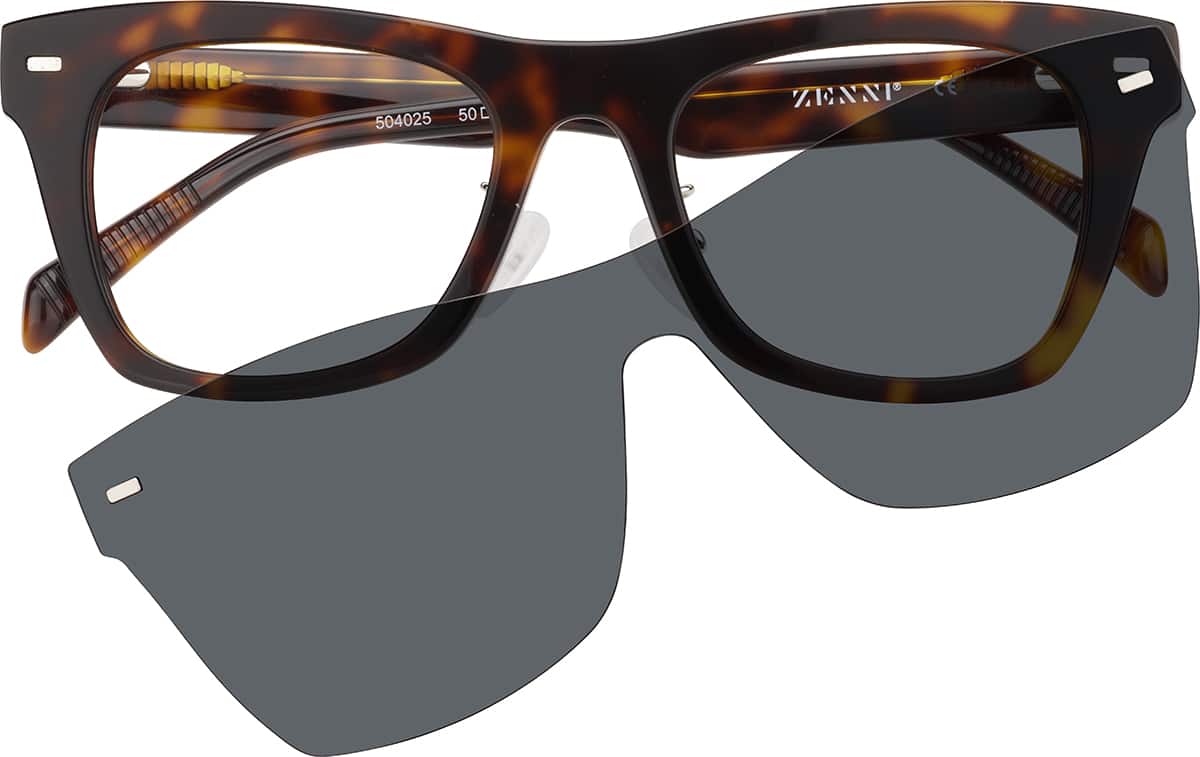 Front view of Square Clip-on Sunglasses 504025 in Tortoiseshell and Black