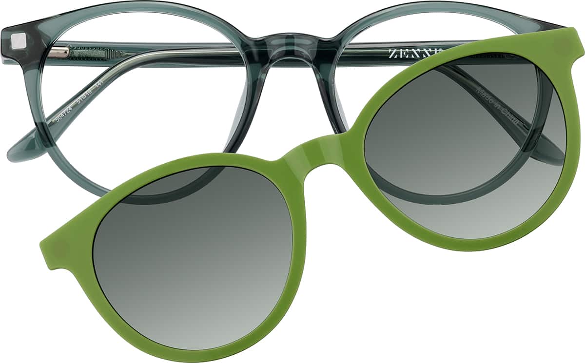Front view of Round Magnetic Clip-On Sunglasses 504724 in Moss Green