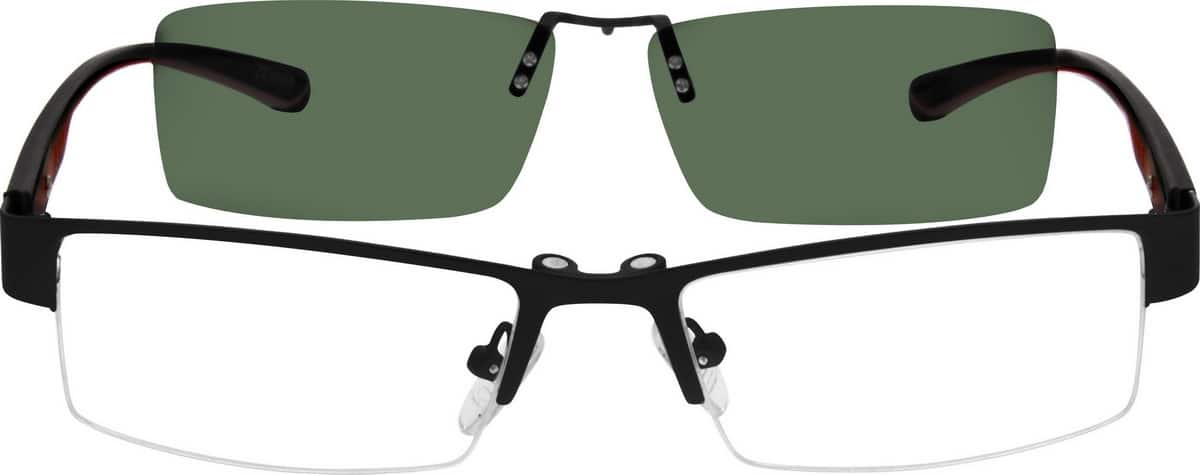 Angle view of Stainless Steel Half Rim Frame with Polarized Magnetic Snap-on Sunlens and Designer Plastic Temples 540721 in Black