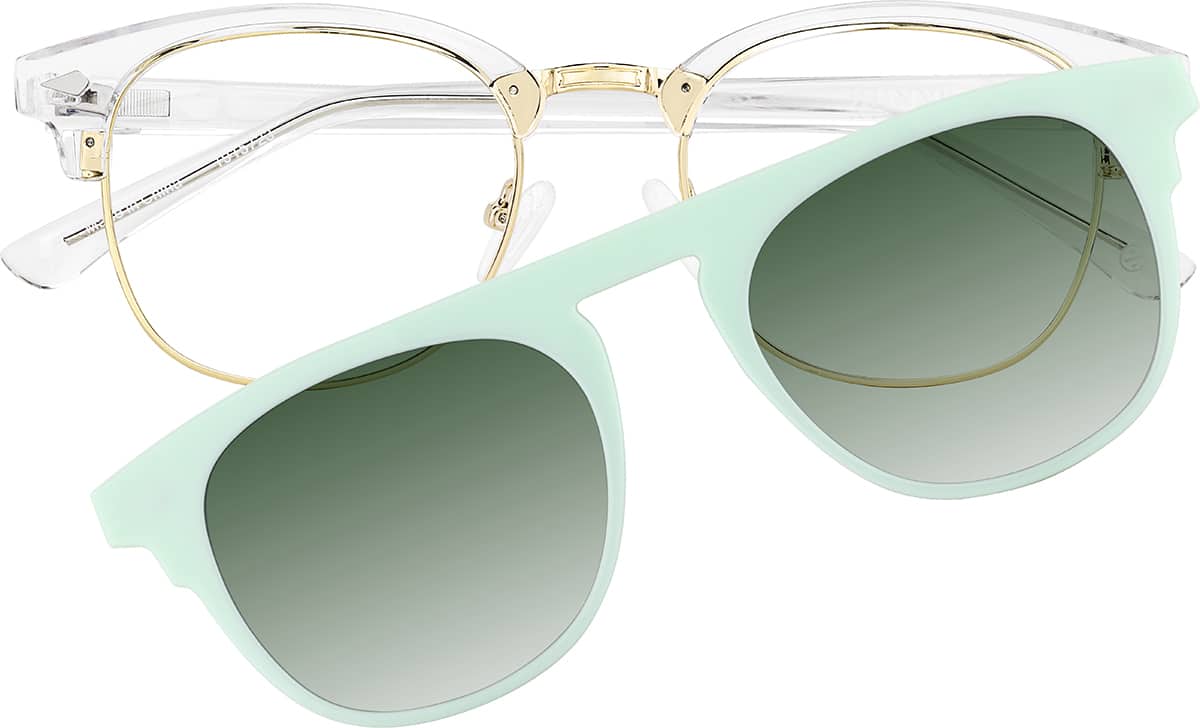 Front view of Clip-On Sunglasses 99118423 in Transparent Sage Green and Clear