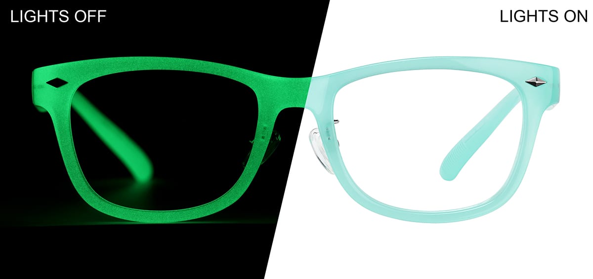Front view of Glow-in-the-Dark Rectangle Glasses P8111016 in Teal