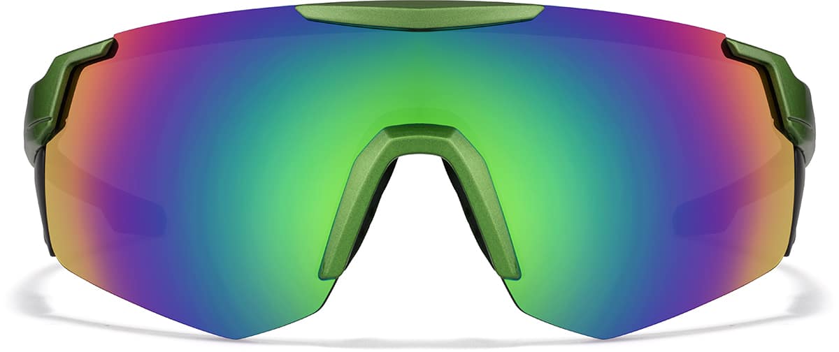 Front view of Wrap-Around Hiking Sunglasses T00822416 in Green and Green Mirror