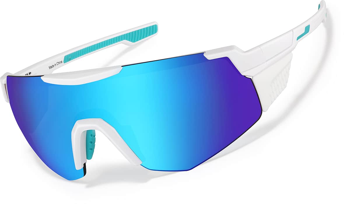 Angle view of Wrap-Around Hiking Sunglasses T00823016 in White and Sky Blue Mirror