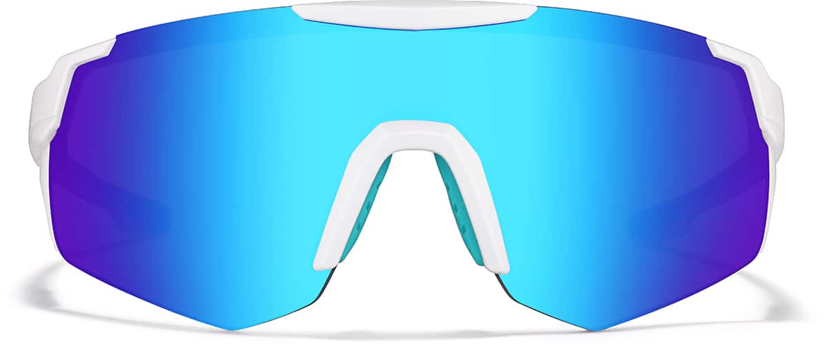 Front view of Wrap-Around Hiking Sunglasses T00823016 in White and Sky Blue Mirror