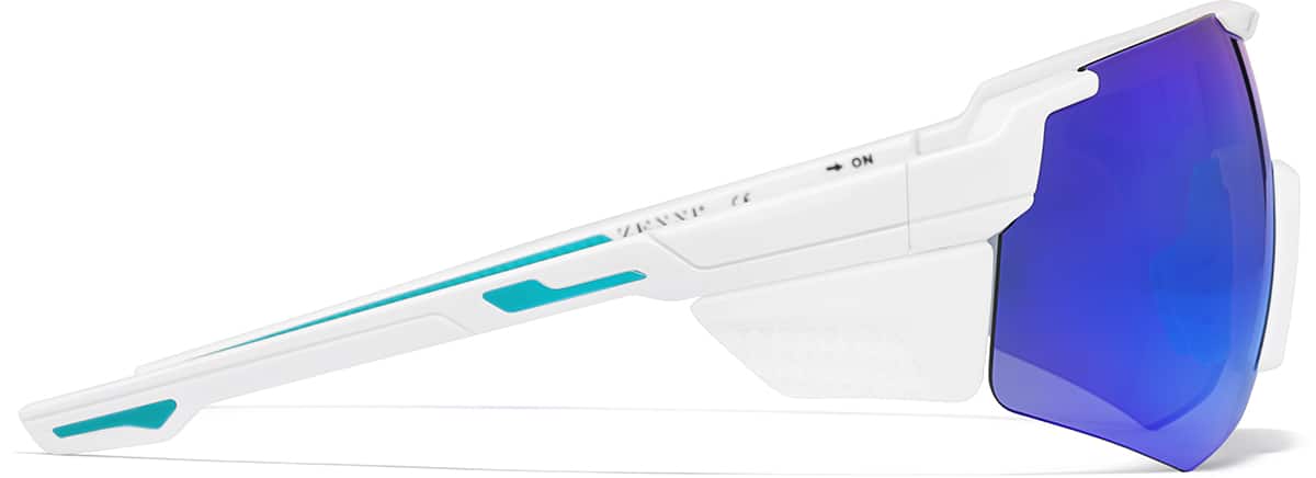 Side view of Wrap-Around Hiking Sunglasses T00823016 in White and Sky Blue Mirror
