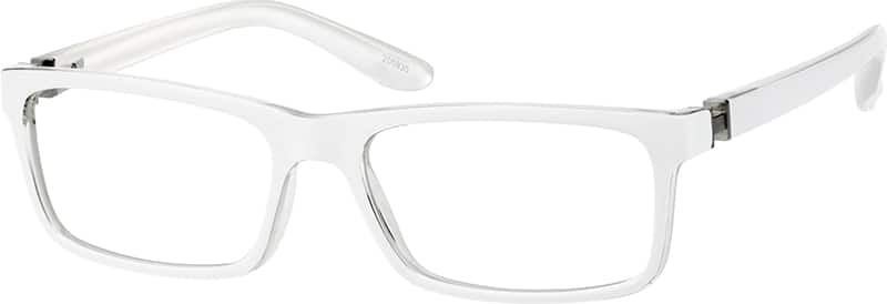 White rectangular eyeglasses with transparent plastic frames and flexible hinges.