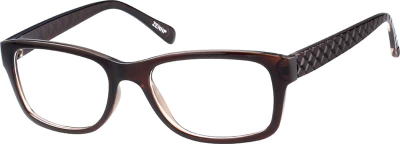 Dark brown square eyeglass frame with textured black temples, brand name "ZENNI" on the inner arm.