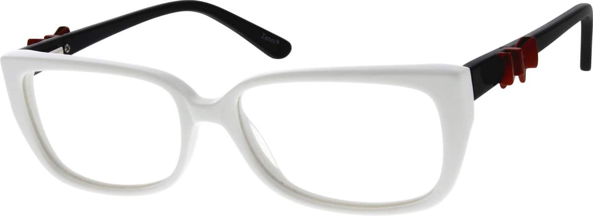 White rectangular eyeglasses with black temples and red decorative accents near the hinges.