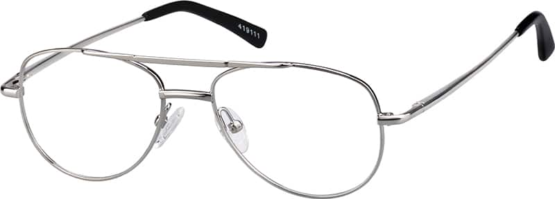 Silver aviator eyeglasses with black temple tips and the number 418111 on the temple.