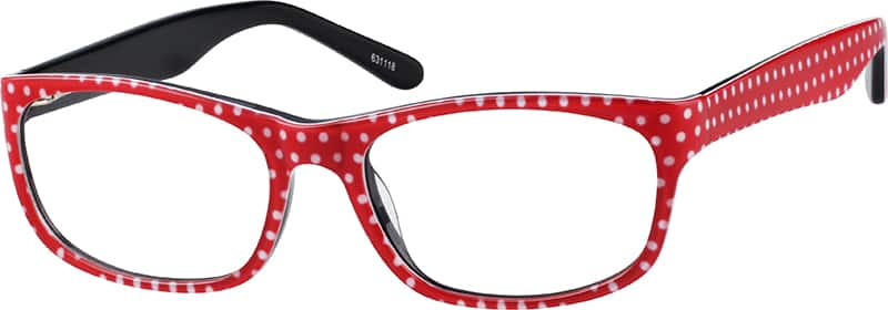 Red eyeglass frames with white polka dots and black inner arms. Model number 801718 on the inner arm.