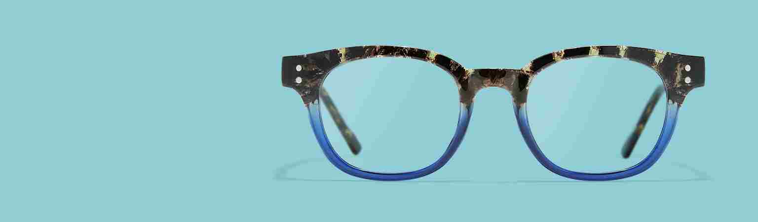 Square glasses #2029525, tortoiseshell with royal blue bottom rims.