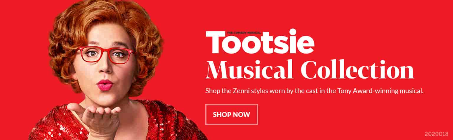 Tony Award winner Santino Fontana wears Zenni’s red rectangle glasses #2029018 as lead character Dorothy Michaels in Broadway’s Tootsie musical.