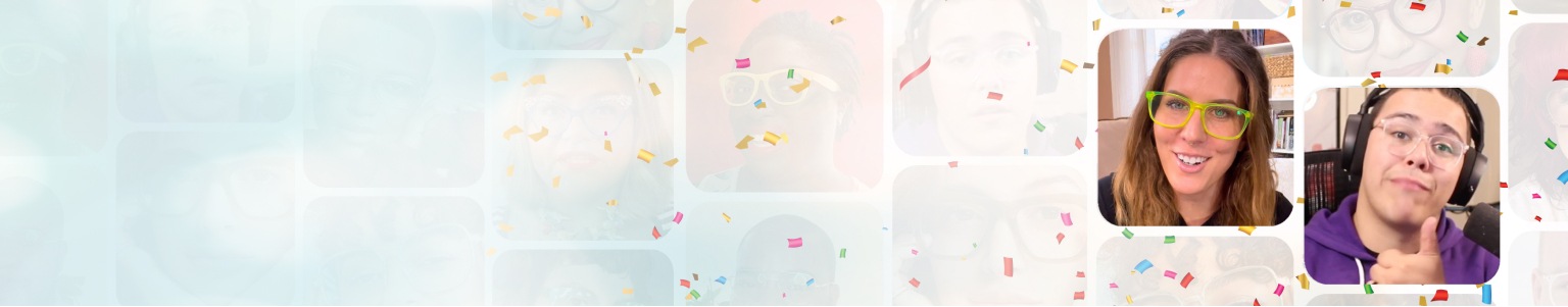 Image of people wearing Zenni glasses, on a background with confetti and a collage of Zenni customers.