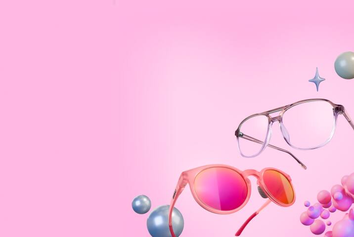 Translucent purple aviator glasses and pink round sunglasses with hot pink mirrored lenses floating against a solid pink background with glossy silver spheres, a silver sparkle icon, and pink abstract bubbles.