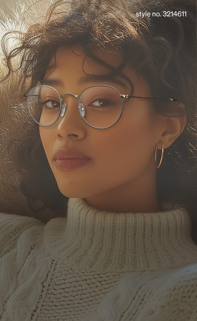 A woman with curly hair reclines comfortably on a sofa, wearing round glasses. The cozy setting includes a soft fur blanket behind her, and the warm tones of the room add to the relaxing atmosphere.