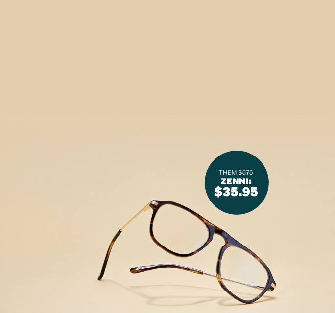 A pair of tortoiseshell eyeglasses with gold arms is displayed upright on a beige background.
