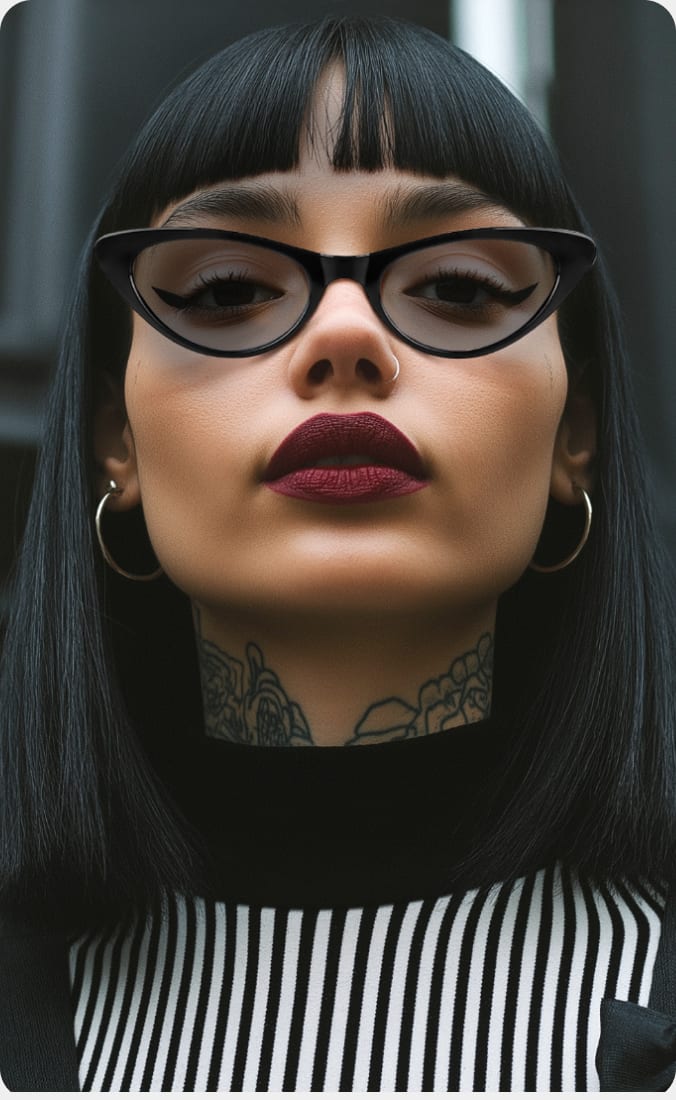 A woman with black hair, cat-eye glasses, dark lipstick, and neck tattoos stands confidently in front of a modern black and white building.