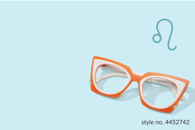 Bold orange glasses style #4452742 on a light blue background.