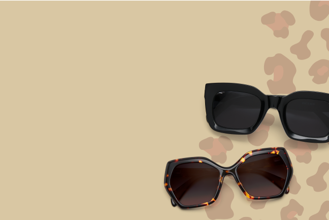 Image of 2 pairs of Zenni sunglasses on a beige background with animal prints.