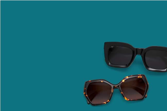 Image of 2 pairs of Zenni sunglasses on a teal background.