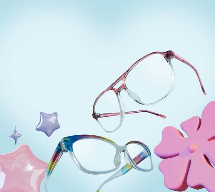 A pair of translucent pink and clear ombré aviator glasses and a pair of clear cat-eye glasses with colorful rainbow-striped brow details floating in a pastel 3D dreamscape with glossy star shapes and a pink flower on a light blue background.