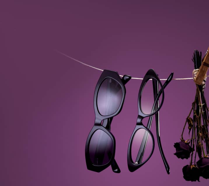 Deux paires de lunettes de soleil papillon noires suspendues à une corde à côté de roses sombres séchées sur fond violet foncé.