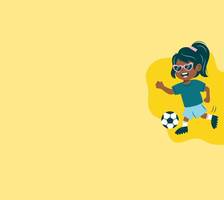 Cartoon illustration of a young girl with a ponytail kicking a soccer ball while wearing pink heart-shaped sunglasses, set against a solid yellow background.