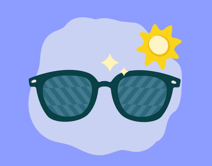 Ilustración de dibujos animados minimalista de lentes de sol de color verde oscuro sobre un fondo morado claro en forma de nube debajo de un pequeño sol amarillo, todo sobre un fondo azul de tono pervinca sólido.