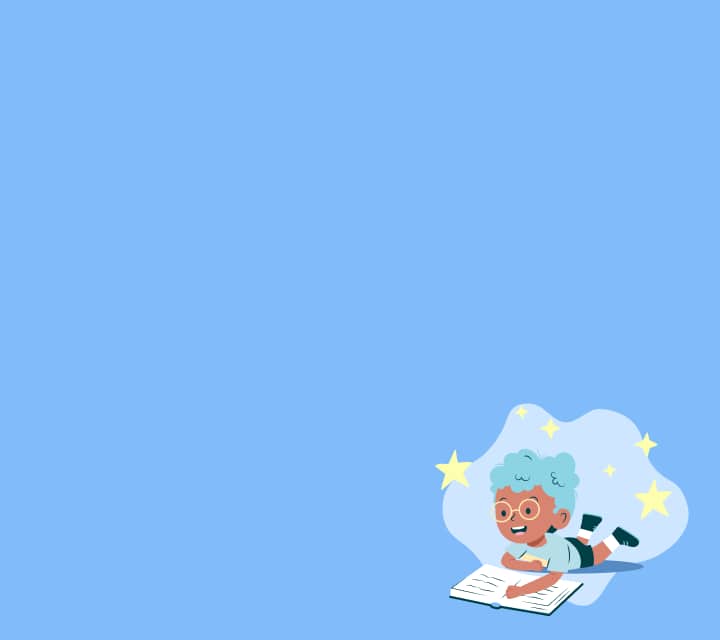 A playful illustration of a child with blue curly hair wearing round yellow glasses, lying on their stomach and reading an open book amidst glowing yellow stars on a blue background.