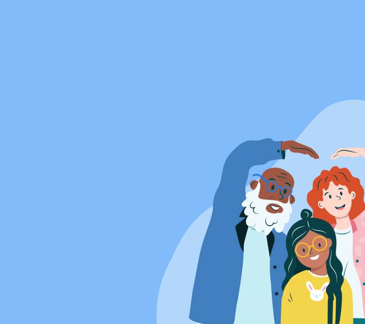 Illustration of an older man and a woman forming a heart shape with their arms over a young girl wearing yellow eyeglasses, set against a blue background.