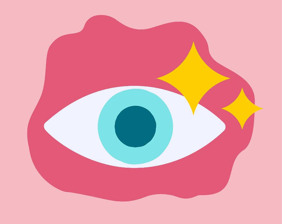 An illustration of an eye with gold sparkles next to it on a pink background .