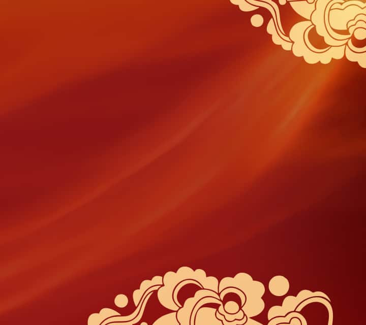 A textured deep red background with subtle light rays and stylized golden floral cloud illustrations in the top right and bottom corners.