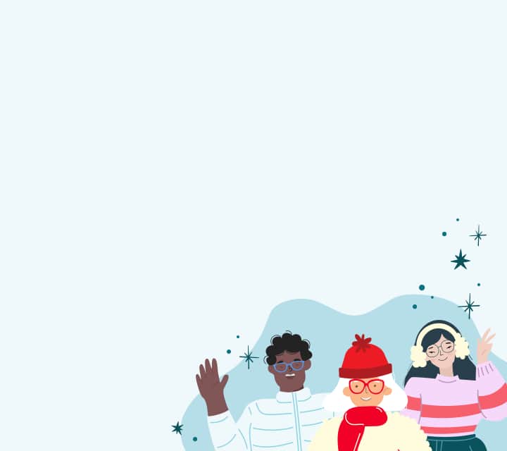 The image shows three illustrated characters dressed in winter clothing, standing together and waving against a light blue snowy background with small star-like accents.