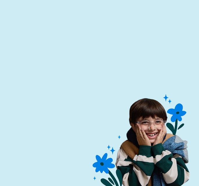 A child in striped sweater and a red-haired adult in glasses smile together against a light blue background with flower illustrations.