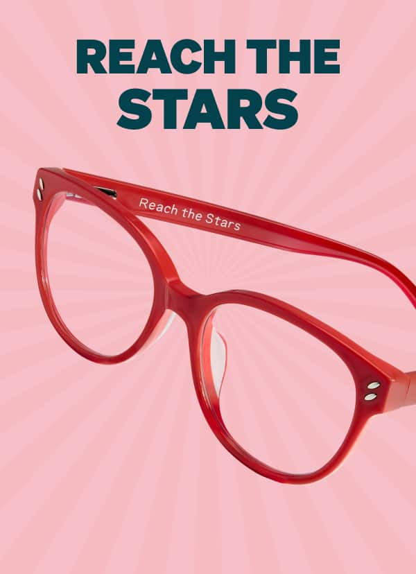 Red Zenni glasses engraved with 'Reach the Stars' from Zenni's Vision of Wellness collection supporting kid’s mental health.