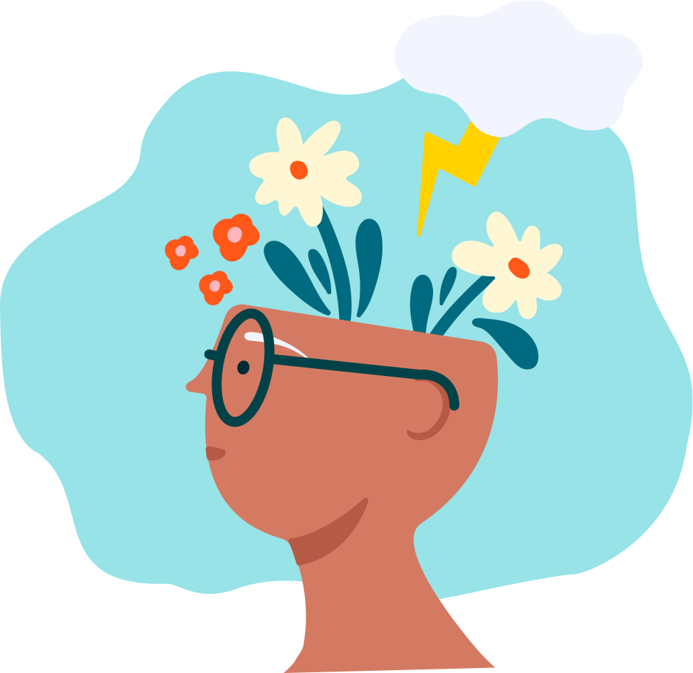 Illustration of a person with flowers growing from their mind, symbolizing mental health and growth.