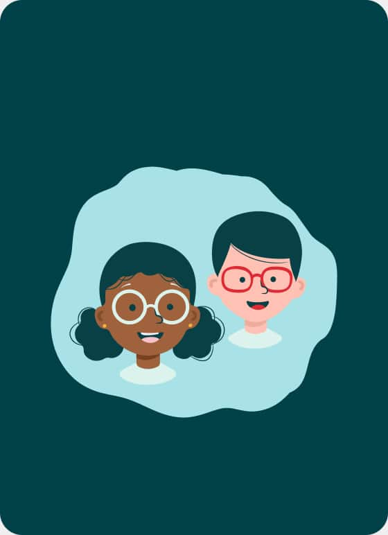 Illustration of two children wearing glasses, representing the empowerment of children through proper vision care.