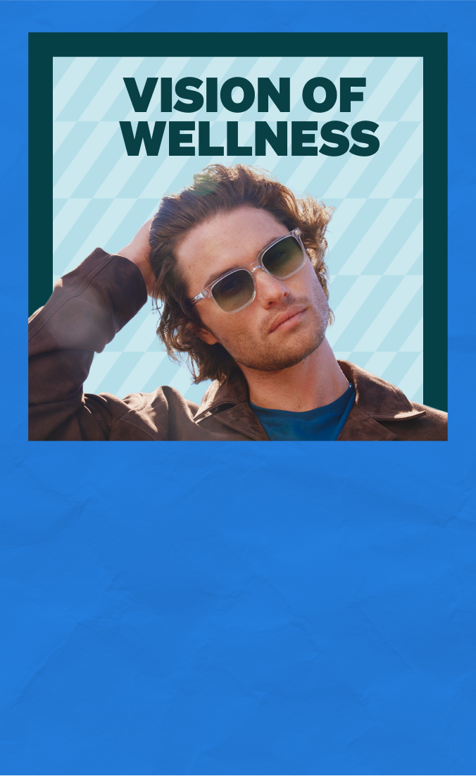 Chase Stokes in sunglasses and a brown jacket poses against a vivid blue background. To the right, bold black text reads 'VISION OF WELLNESS' on a striped light blue and white rectangle.