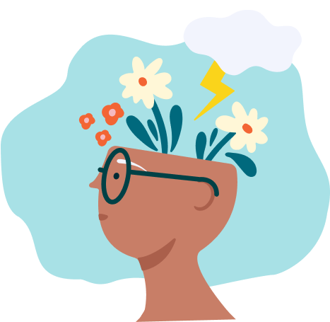 Illustration of a person with flowers growing from their mind, symbolizing mental health and growth.