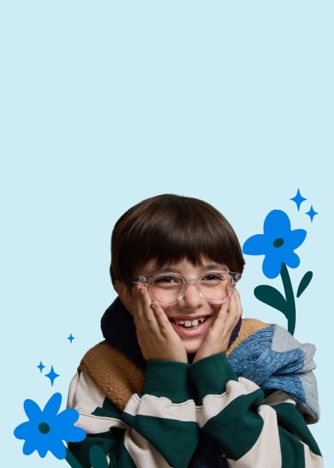 A boy with dark hair wearing clear round Zenni glasses, surrounded by illustrations of blue flowers, on a pale teal background. Image also features the Bring Change to Mind logo (two overlapping speech bubbles with the organization name inside), with the tagline: '15 years of talking about mental health.'