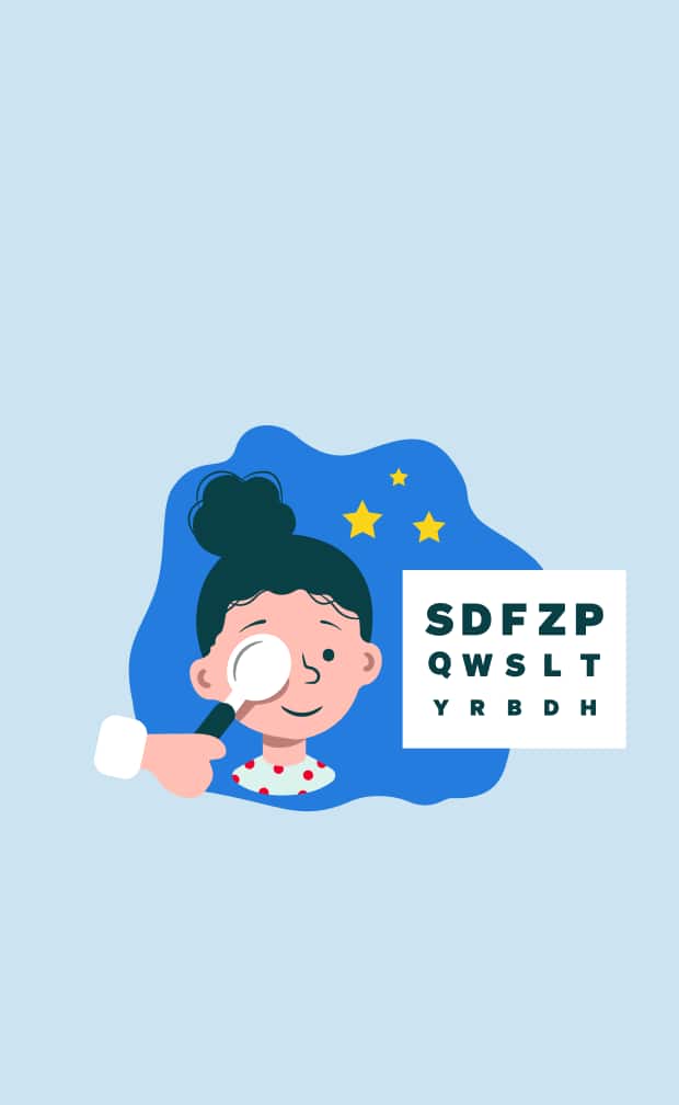 Illustration of a child getting a vision test with an eye chart and stars above.