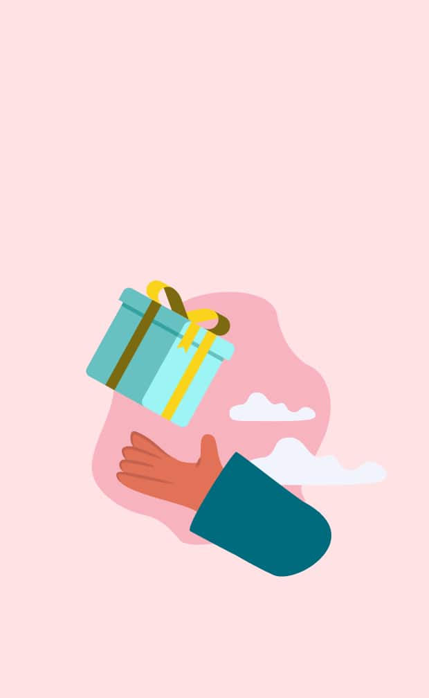 Illustration of a hand offering a wrapped gift against a pink sky with clouds.