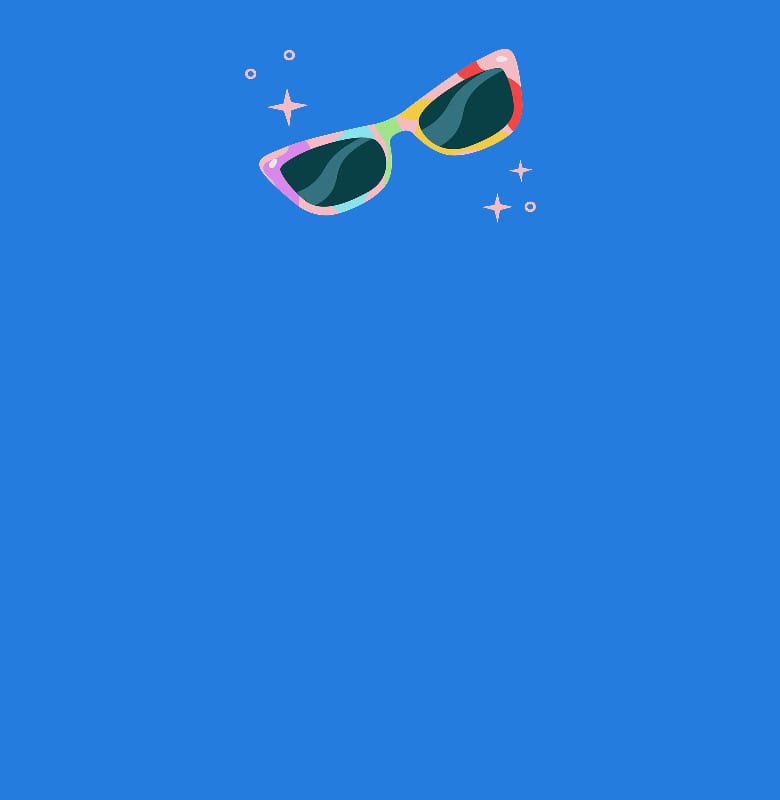 Gafas de sol ojo de gato arcoíris rodeadas de destellos dorados sobre un fondo azul real.
