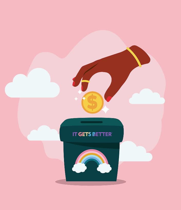 A hand dropping a coin into a donation box with the It Gets Better logo and a rainbow, on a pink sky background.