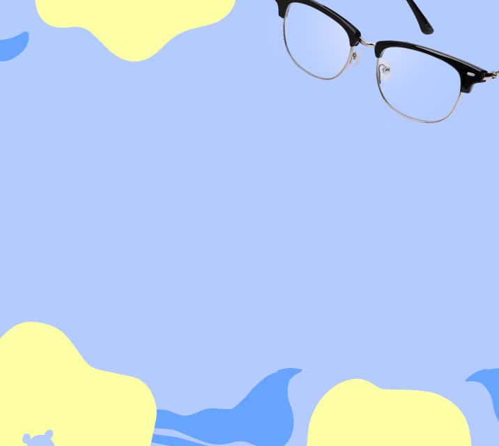 Black browline eco-friendly glasses (style number 7839421) on an illustrated green, yellow, and blue floral background.