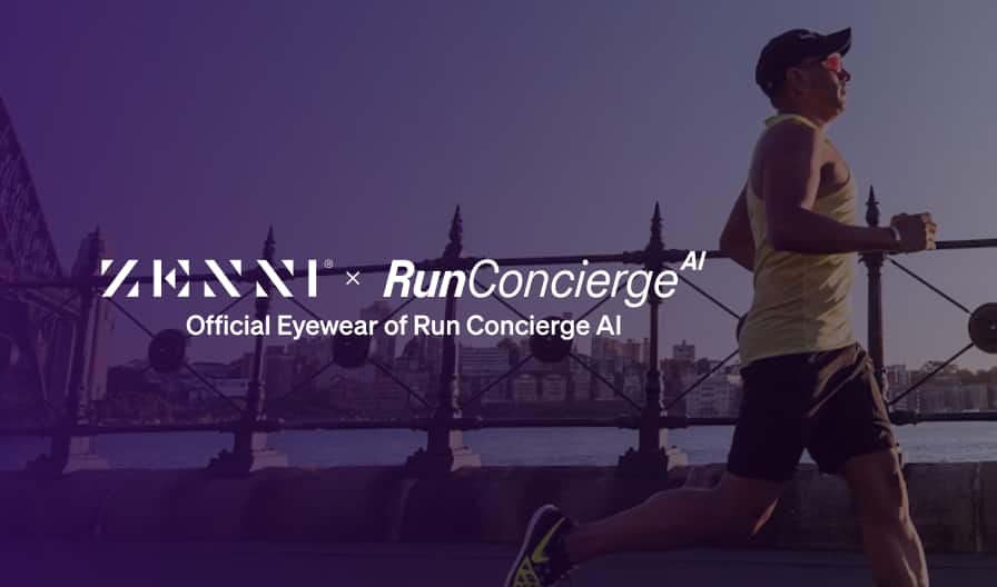 The Zenni logo and the Run Concierge AI logo (stylized white letters), over a purple gradient color which blends into an image of an adult male running along a waterfront in the background.