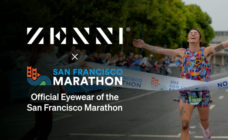 The Zenni logo and the San Francisco Marathon logo (featuring a stylized illustration of the Golden Gate Bridge above water and a green hill) over an image of a runner crossing a finish line.