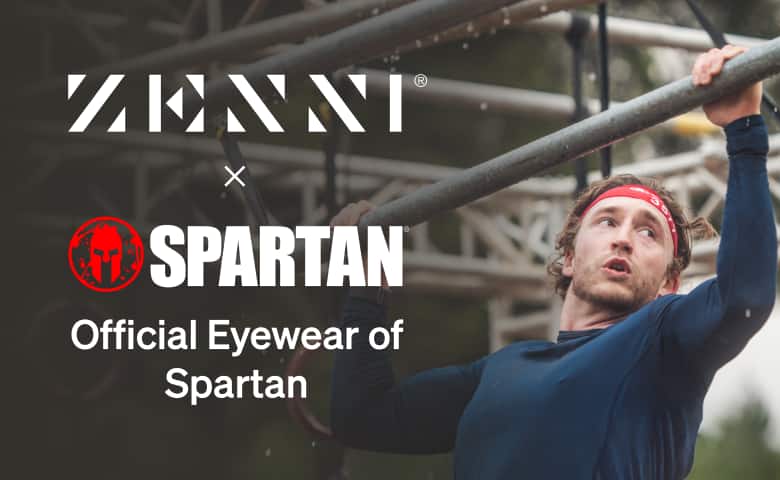 The Zenni logo and the Spartan logo (featuring a red Spartan helmet) over an image of a Spartan competitor.